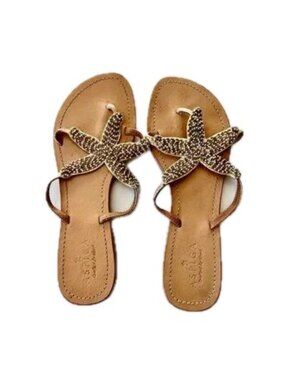Aspiga Gold Starfish Women's Thong Style Beaded Leather Sandals Gold Size 39